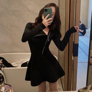 Asymmetrical Zip-up Knit Mini A-line Dress