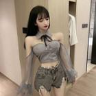 Halter Mesh Panel Balloon-sleeve Cropped Blouse