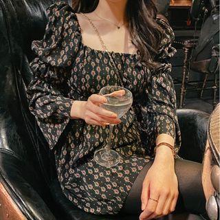 Long-sleeve Floral Mini Dress Black - One Size