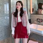 Pintuck Blouse / Floral Print Open-front Vest / Mini Pencil Skirt