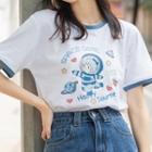 Short-sleeve Contrast Trim Astronaut Print T-shirt