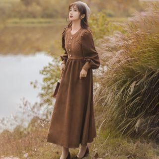 Puff-sleeve Cable Knit Panel Midi A-line Dress