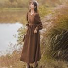Puff-sleeve Cable Knit Panel Midi A-line Dress