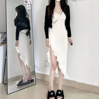 Spaghetti-strap Asymmetrical Sheath Dress / Cardigan