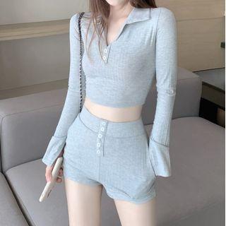 Set: Long-sleeve Cropped Polo Shirt + Shorts Set - Gray - One Size