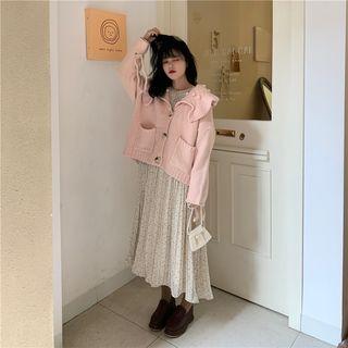 Collared Cardigan / Long-sleeve Dotted Midi Dress