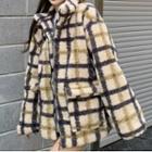 Plaid Fleece Zip-up Jacket Beige - One Size