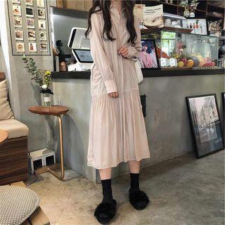 Set: Oversize V-neck Knit Vest + Plain Long-sleeve Midi Collared Dress
