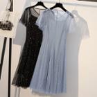 Set: Sequined Mesh Short-sleeve A-line Dress + Slipdress