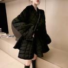 Set: Bubble-sleeve Quilted Crop Jacket + High-waist Mini A-line Skirt Black - One Size