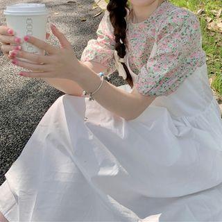 Floral Puff Short Sleeve/ V-neck Lace Strappy Dress