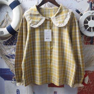 Lace Trim Plaid Button-up Blouse