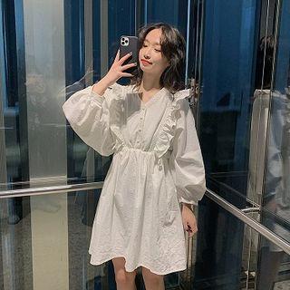 Plain V-neck Ruffled-trim Loose-fit High-waist Puff-sleeve A-line Dress