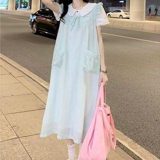 Short-sleeve Frill Trim Blouse / Midi Shift Overall Dress