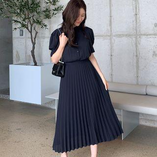 Puff-sleeve Plated-hem Long Dress