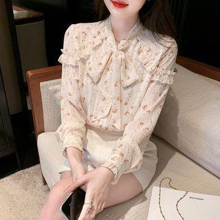 Puff Sleeve Tie-neck Floral Print Chiffon Blouse