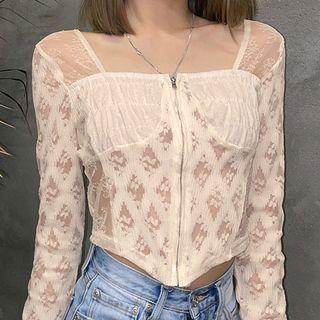 Long-sleeve Zip-up Lace Top