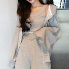 Set: Plain Tank Top / High-waist Shorts / Zip Long-sleeve Hooded Jacket Gray - One Size
