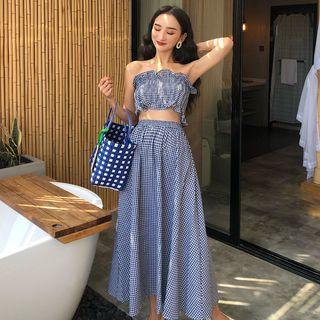 Set: Plaid Bandeau Top + A-line Midi Skirt