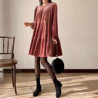 Round-neck Tiered Velvet Dress With Cord
