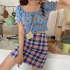 Short-sleeve Floral Top / Plaid Mini Skirt
