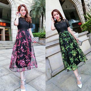 Lace Short-sleeve Mock Two Piece Midi Dress