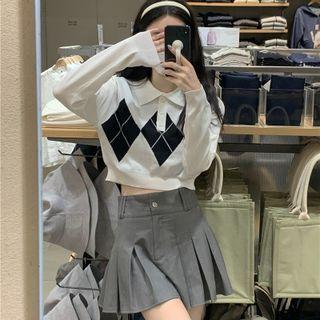 Polo-neck Argyle Crop Knit Top