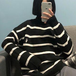 Hand Embroidered Turtleneck Sweater Stripe - Black - One Size