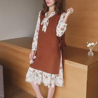 Set: Floral Print Long-sleeve Chiffon Dress + Pinafore Dress
