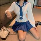 Tie Neck Sailor Blouse / Pleated Skirt