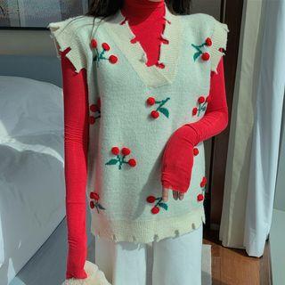 High-neck Plain Top / V-neck Cherry Printed Knit Vest