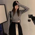 Long-sleeve Check Drawstring Crop Top Black & White - One Size