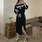 Set: 3/4-sleeve Lettering Off-shoulder T-shirt + Midi Skirt