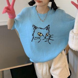 Short-sleeve Cat Embroidered Knit Top Blue - One Size