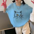 Short-sleeve Cat Embroidered Knit Top Blue - One Size