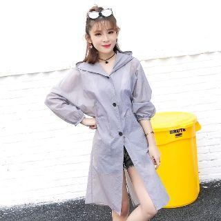 Lettering Hooded Buttoned Light Coat