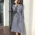Check Long-sleeve Dress As Figure - One Size