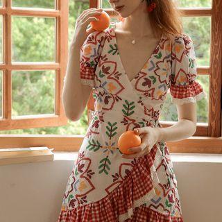 V-neck Embroidered Mini A-line Dress