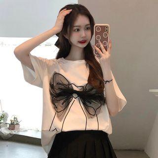 Mesh Bow Short-sleeve Top White - One Size