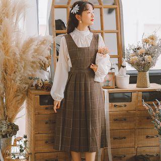 Set: Puff-sleeve Blouse + Plaid Sleeveless Dress