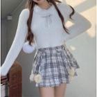 Pom Pom Knit Top / Plaid Mini Skirt