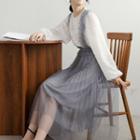Set: Long-sleeve Lace Blouse + Midi A-line Suspender Skirt