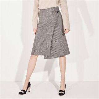 Wrap-front Houndstooth Wool Blend Skirt