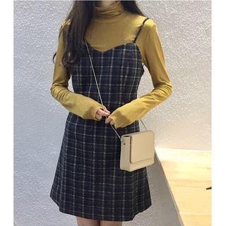 Mock-neck T-shirt / Strappy Plaid Mini Dress