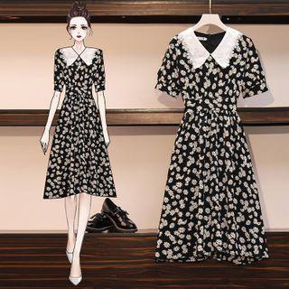 Short-sleeve Floral Print Lace Trim A-line Dress