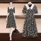 Short-sleeve Floral Print Lace Trim A-line Dress