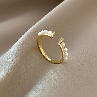 Rhinestone Faux Pearl Alloy Open Ring J497 - Gold - One Size