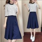 Set: Elbow-sleeve Striped Blouse + Wide Leg Pants
