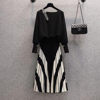 Set Of 2 - One-shoulder Knit Top + Medium Long A-line Skirt