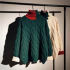 Turtleneck Color-block Cable-knit Sweater
